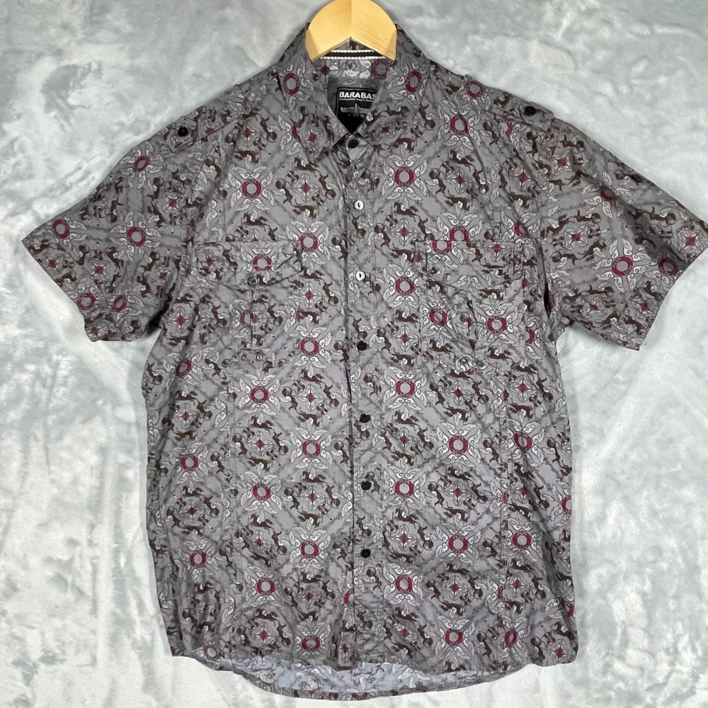 Barabas Mens Grey Burgundy Winged Graphic Short Sleeve Button Down Shirt Large